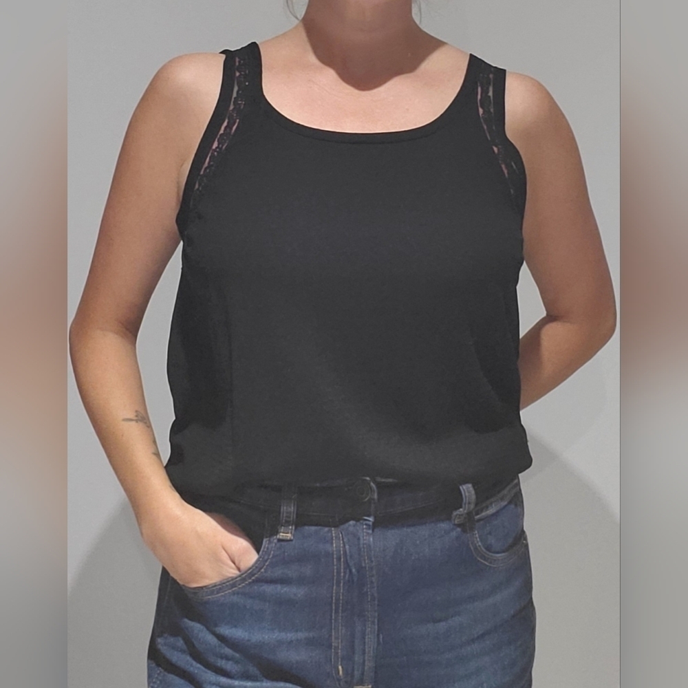 Franco Valeri Elevated Basic Lace trim black tank top Fits size M/L